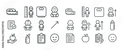 Baby growth and development icons set with measuring tools and charts