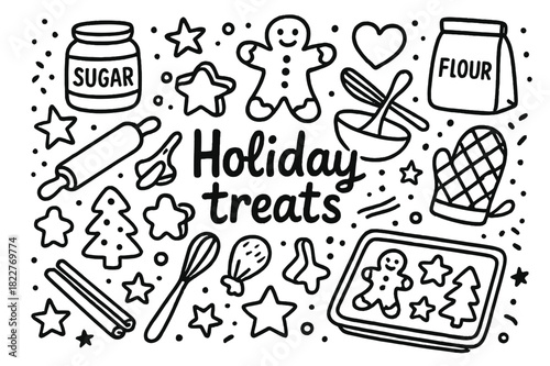 Holiday Baking Doodles. Holiday treats. Hand-drawn doodle illustration of holiday treats. Gingerbread cookies,