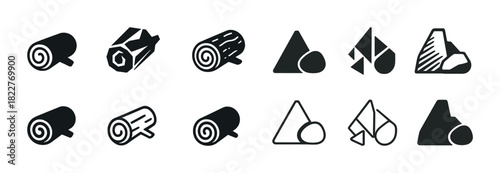Minimalist wood and rock icons set in vector style