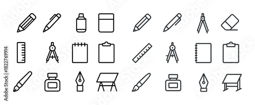 Outline icons of drafting tools: pencils, rulers, notebooks, compasses, erasers