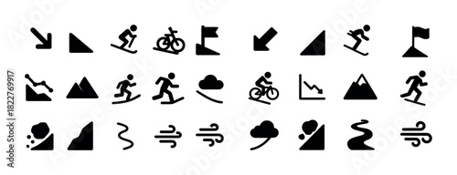 Black and white outdoor sport icons: biking skiing running climbing hiking adventure symbols