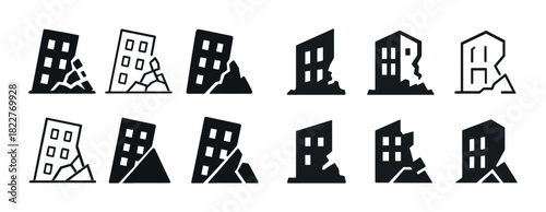 Earthquake-damaged buildings icons: set of 10 black and white illustrations