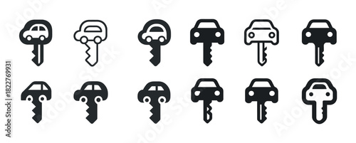 Car key icon set: variety of simple black and white vehicle key designs