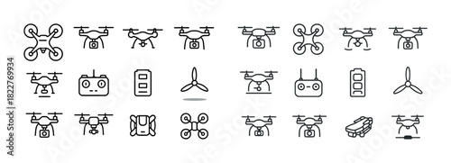 Drone icon set: quadcopters, propellers, batteries, controllers