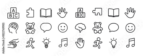 Collection of educational icon set featuring abc blocks, puzzle pieces, and hands
