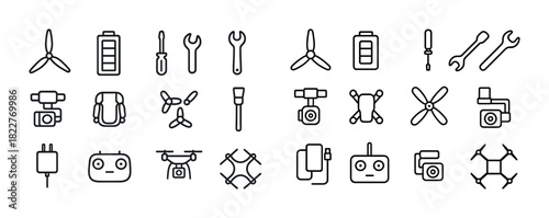 Drone component icons set: propellers, batteries, tools, and cameras in simple line art