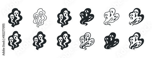 Set of twelve halloween ghost icons in black and white