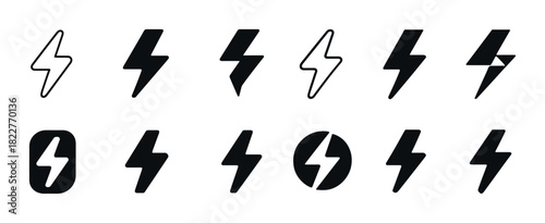 Assorted black and white lightning bolt icons in various styles