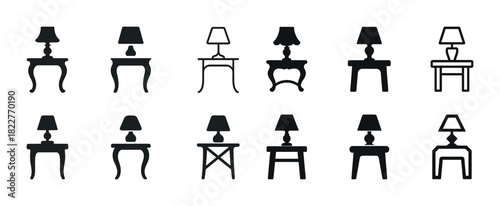 Assorted lamp and table silhouettes in black vector set
