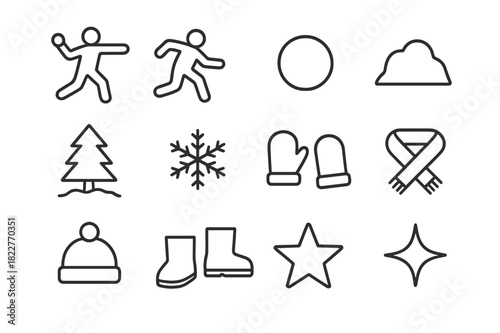 Holiday Icons Collection. Holiday Snowball Fight. Line outline icon set of Holiday Snowball Fight: person
