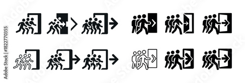 Emergency exit icons: black and white variants showing people exiting
