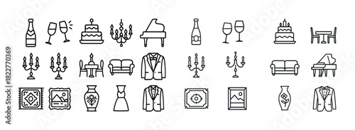Elegant icon set: wine, cake, piano, and dining elements