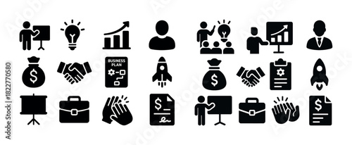Business icon set featuring strategy, growth, and success symbols