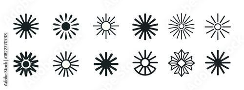 Collection of geometric sunburst icons in black and white style