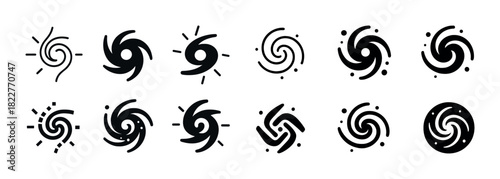 Collection of twelve black and white swirl icons in unique geometric designs