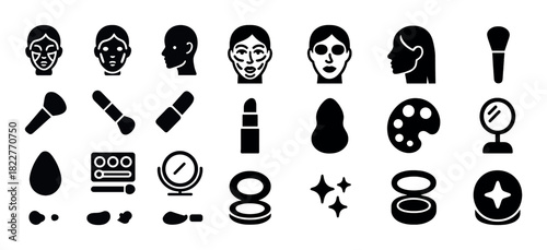Beauty icon set: makeup tools and faces in various styles