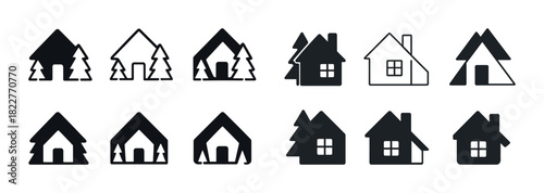 Minimalist black icon set of house designs with trees