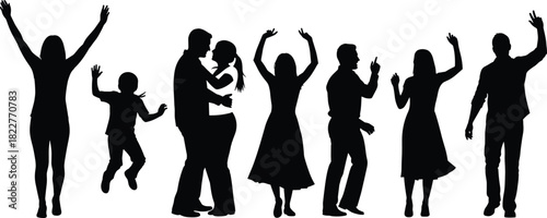 Black silhouette collection of happy, diverse people dancing, celebrating, hugging, and enjoying a lively social party or event with arms raised in joy and freedom.