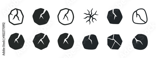 Set of twelve cracked stone icons with unique fracture patterns