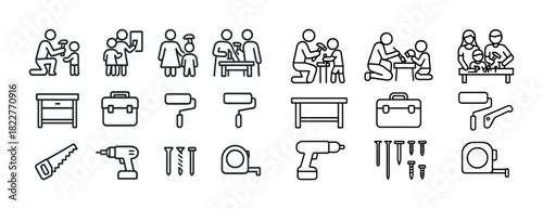 Outline icons of family activities and tool illustrations