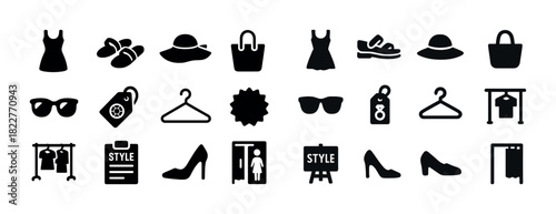 Fashion icons set: dress, shoes, accessories, sunglasses, hanger