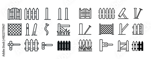 Variety of fence and gate icons featuring picket, chain-link, and garden designs