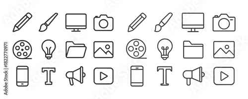 Media and design icons set: pencil, brush, computer, camera, megaphone, light bulb, film reel
