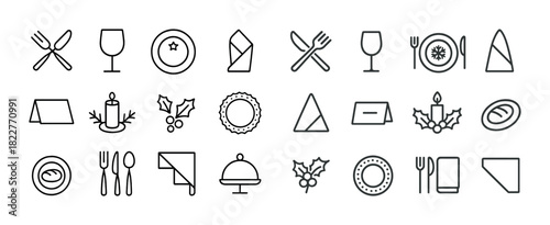 Tableware icons: cutlery, glasses, plates, napkins, festive decor