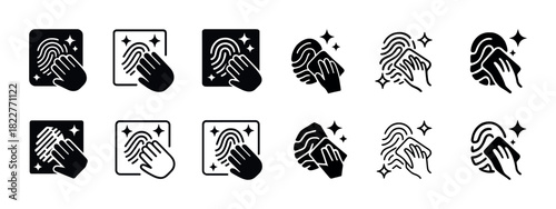 Fingerprint icons collection: cleaning, shining, touching variants
