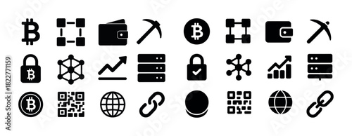Cryptocurrency and blockchain icon set including bitcoin and security symbols