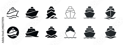 Collection of twelve minimalist ship icons in black and white design
