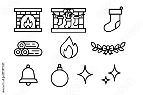 Holiday Fireplace Icons. Holiday Fireplace. Line outline icon set of Holiday Fireplace: mantel, fireplace,