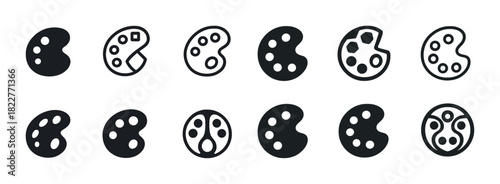 Set of twelve various black and white artist palette icons