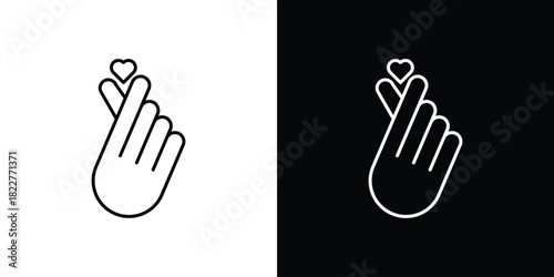 korean heart icon outline set in black and white. thin line style.