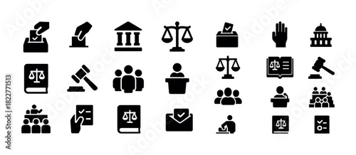 Black icons of justice and voting symbols including scales, gavel, and ballot box