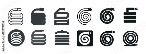 Collection of various garden hose icons in black and white