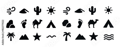 Desert icons set: wind, cactus, camel, sun, tent, waves