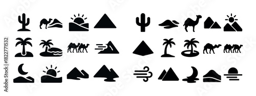 Desert icons collection: cacti, camels, pyramids, palms, sun, moon