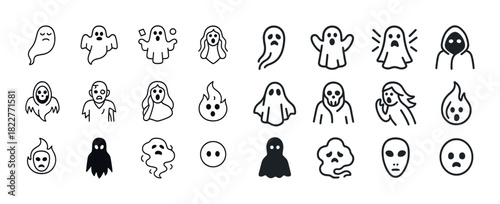 Collection of 24 cartoon ghost icons in various styles