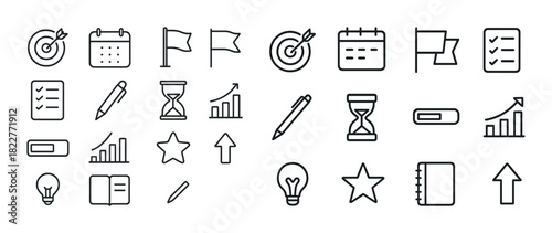 Minimalist icon set: business, productivity, goal, strategy symbols