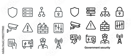 Security and protection icons set with shields, locks, cameras, warnings, and firewalls