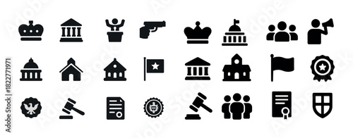 Government and law icons set featuring court, flag, gavel, and building symbols