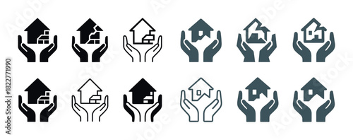 Variety of house and hand icon designs showcasing home security and care concepts