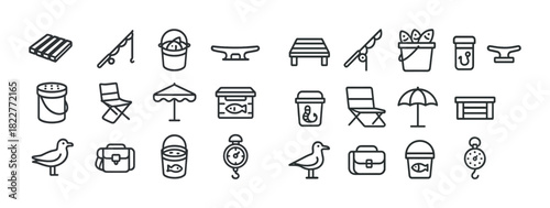 Fishing equipment icons: rods, buckets, hooks, and fishing gear illustrations