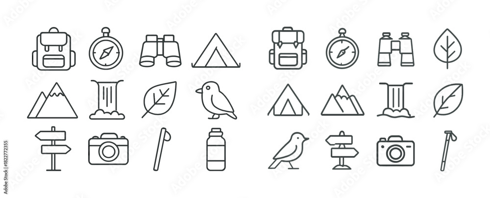 Naklejka premium Outline camping icons set: backpack, compass, binoculars, tent, nature symbols
