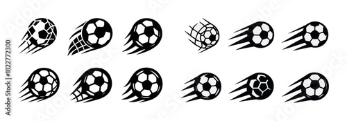 Dynamic soccer ball icons set showcasing motion and speed
