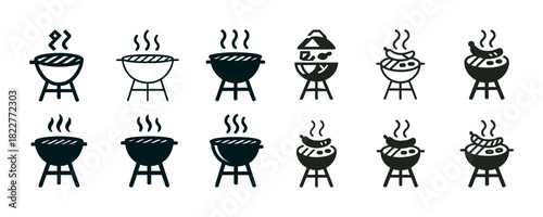 Set of twelve grill icons featuring different bbq designs with food