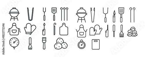 Barbecue tools and utensils outline icons for grilling and cooking
