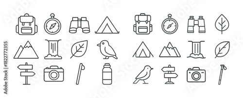 Outline camping icons set: backpack, compass, binoculars, tent, nature symbols
