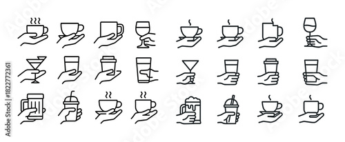 Minimalistic hand-holding beverage icons set featuring cups, glasses, and mugs